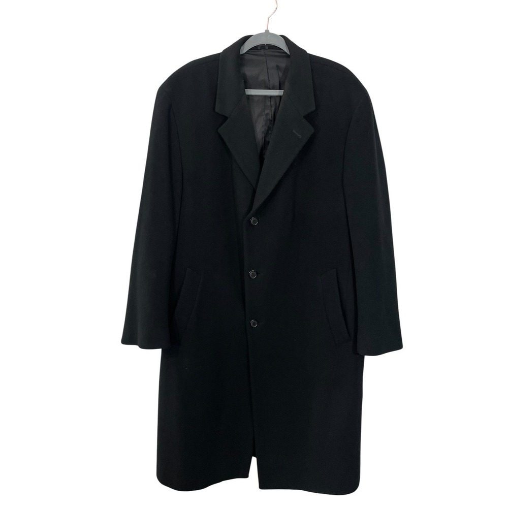 London Fog Overcoat Mens 46L Black Wool Blend Long 3-Button Formal Trench